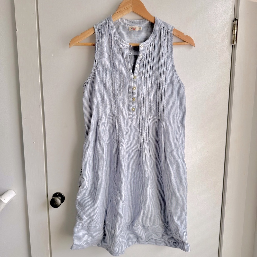 Faherty Blue Mini Stripe Linen Isha Shirt Dress Pockets Boho Mini XS